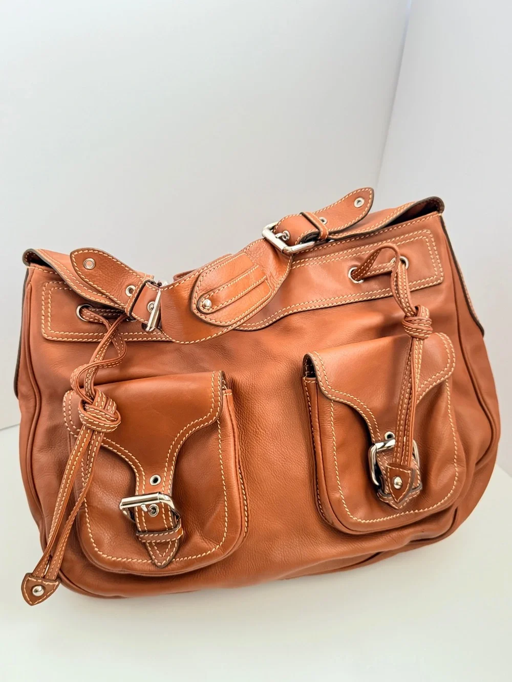Marc Jacobs Womens Hobo Shoulder Bag Brown Leather Drawstring Designer Luxury